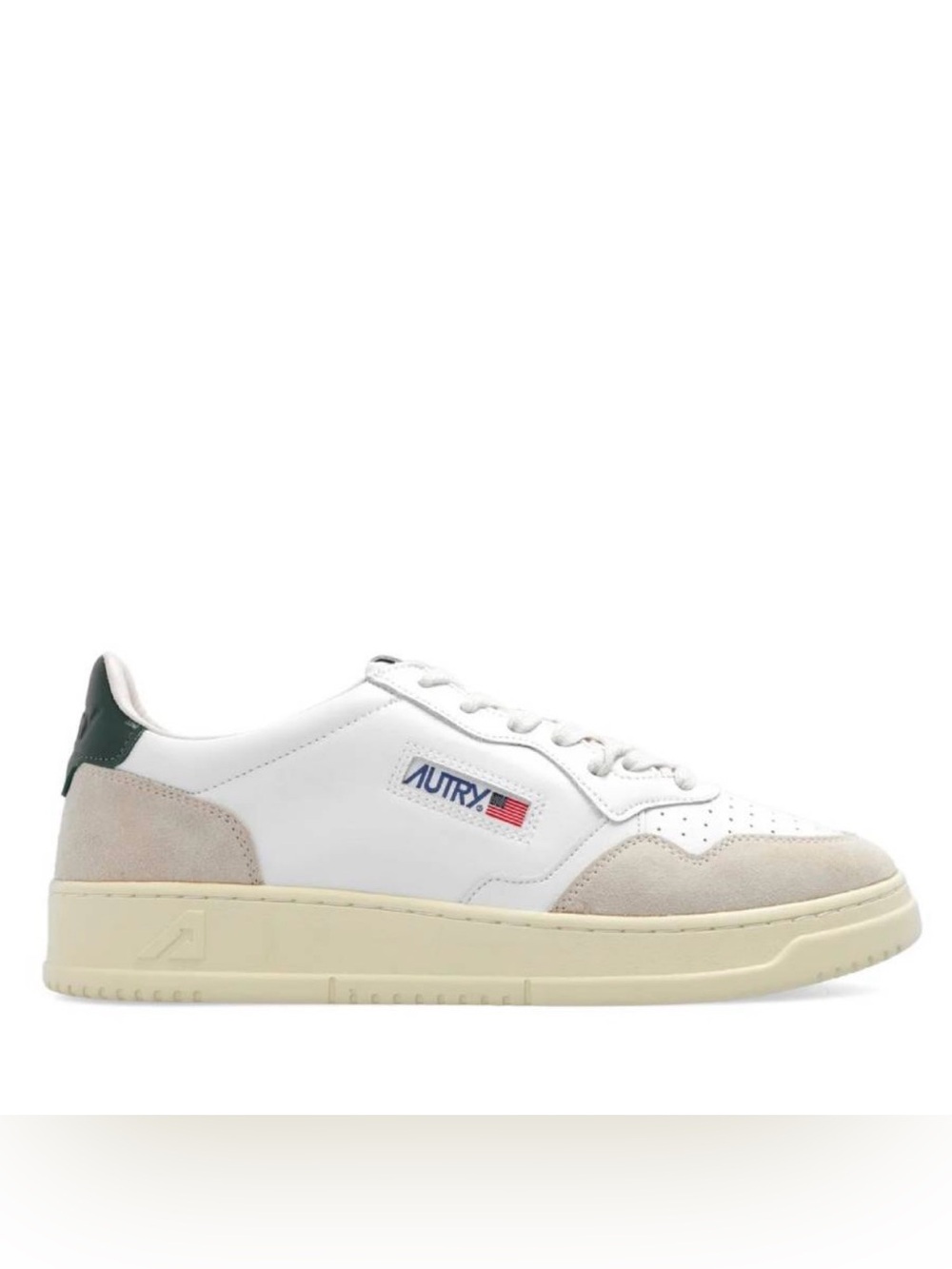 White Leather & Beige Suede Men's Sneakers with Dark Green Heel Tab